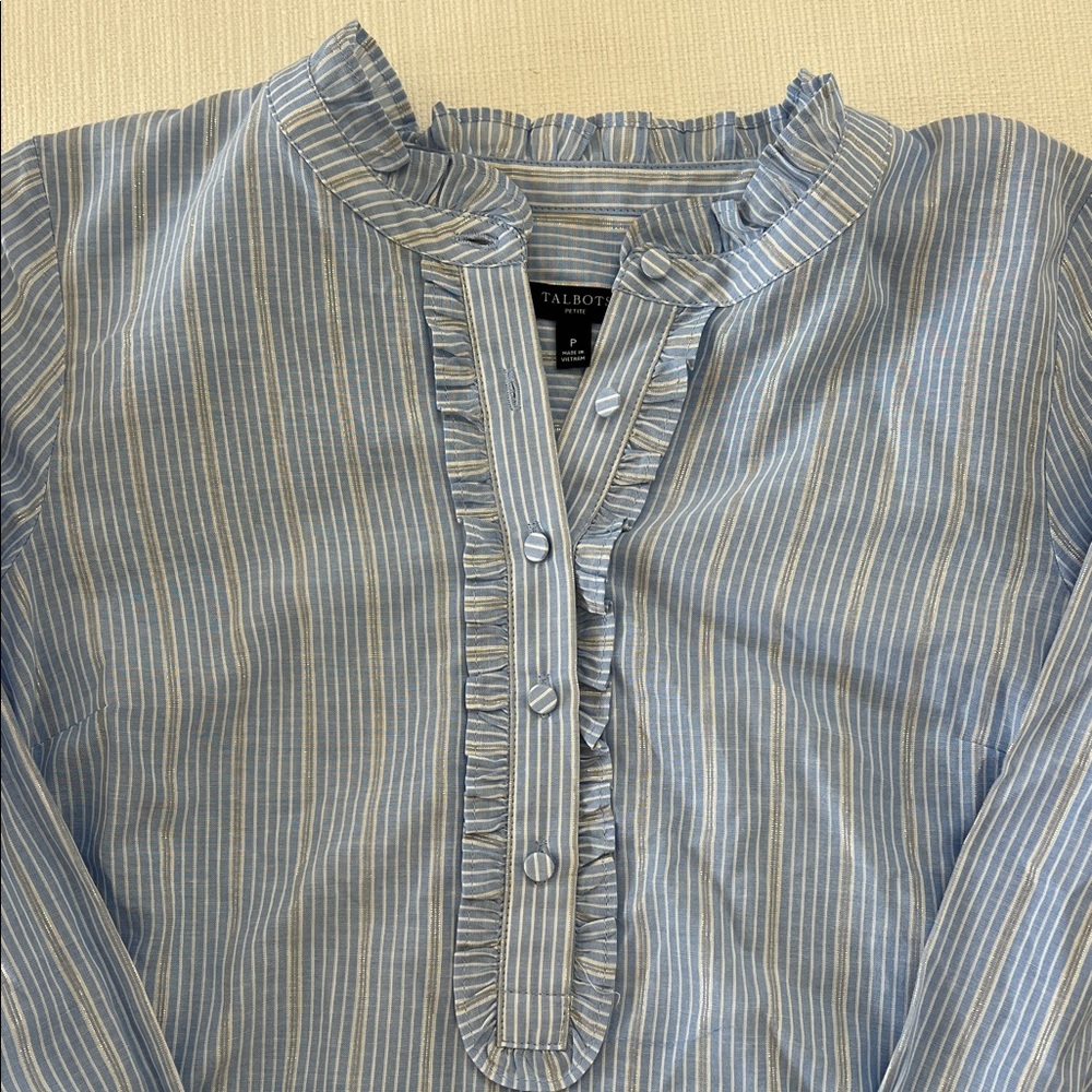 Talbots Light Blue & White Striped Ruffle Top